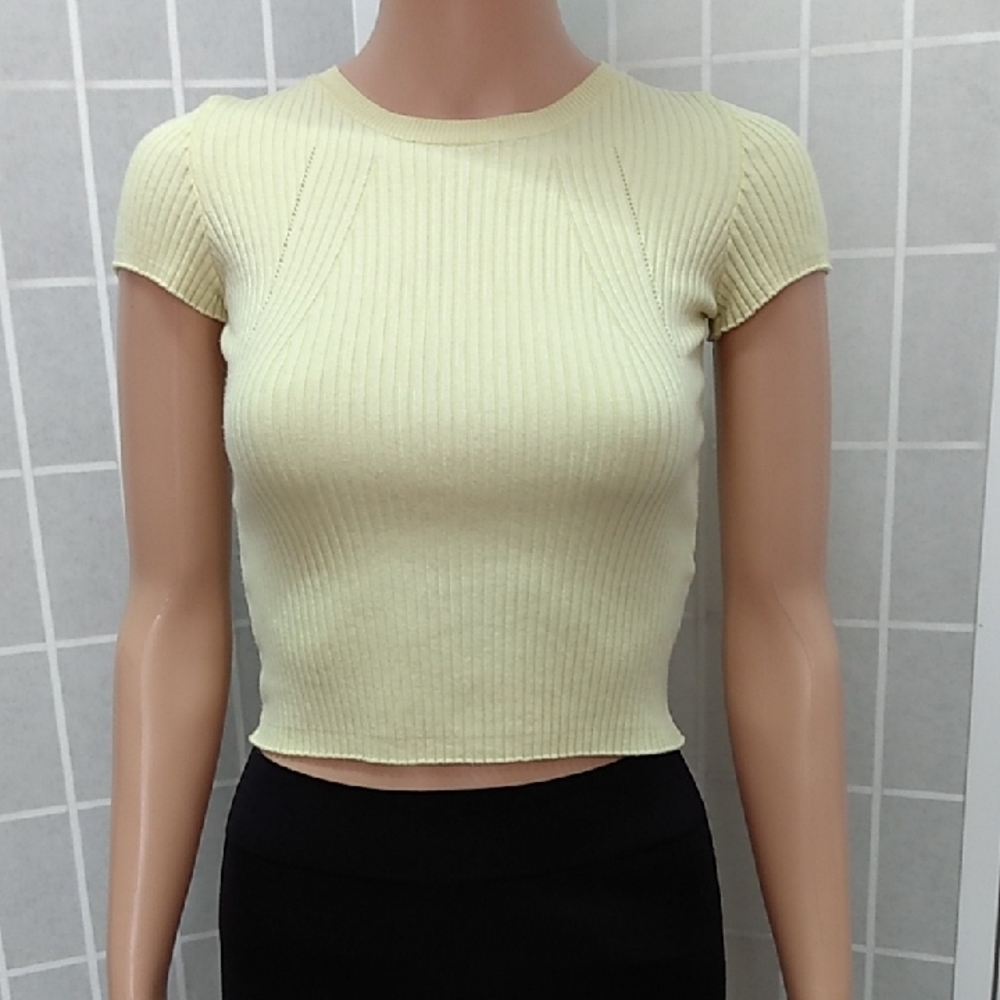 Bershka Bright Yellow Ribbed Crewneck Crop Top Women's Size XS - Picture 2 of 11